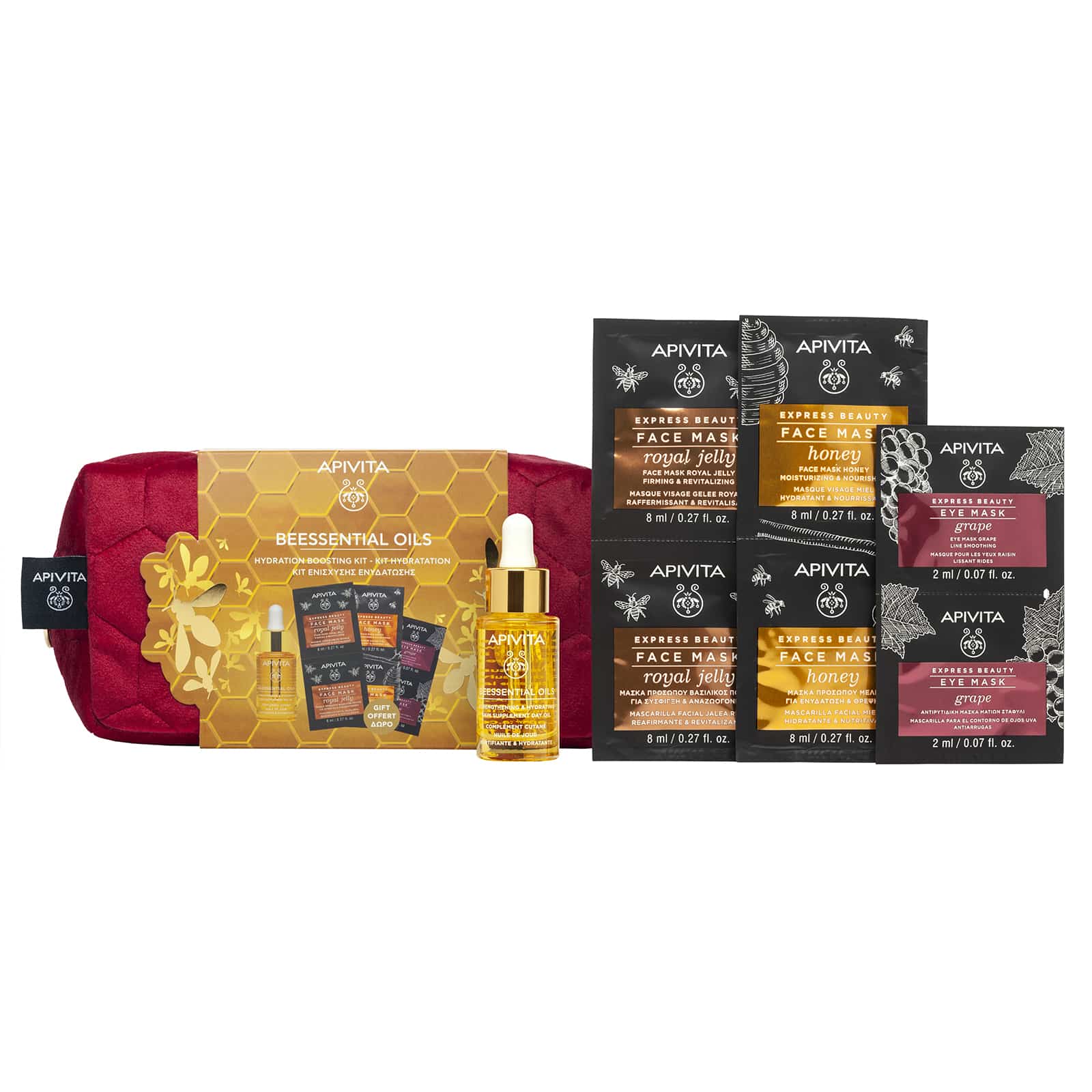 APIVITA - PROMO PACK BEESSENTIALS OILS Έλαιο Προσώπου Ημέρας - 15ml ΜΕ ΔΩΡΟ Μάσκες Προσώπου με Βασιλικό Πολτό, Μέλι & Σταφύλι - 2x2ml